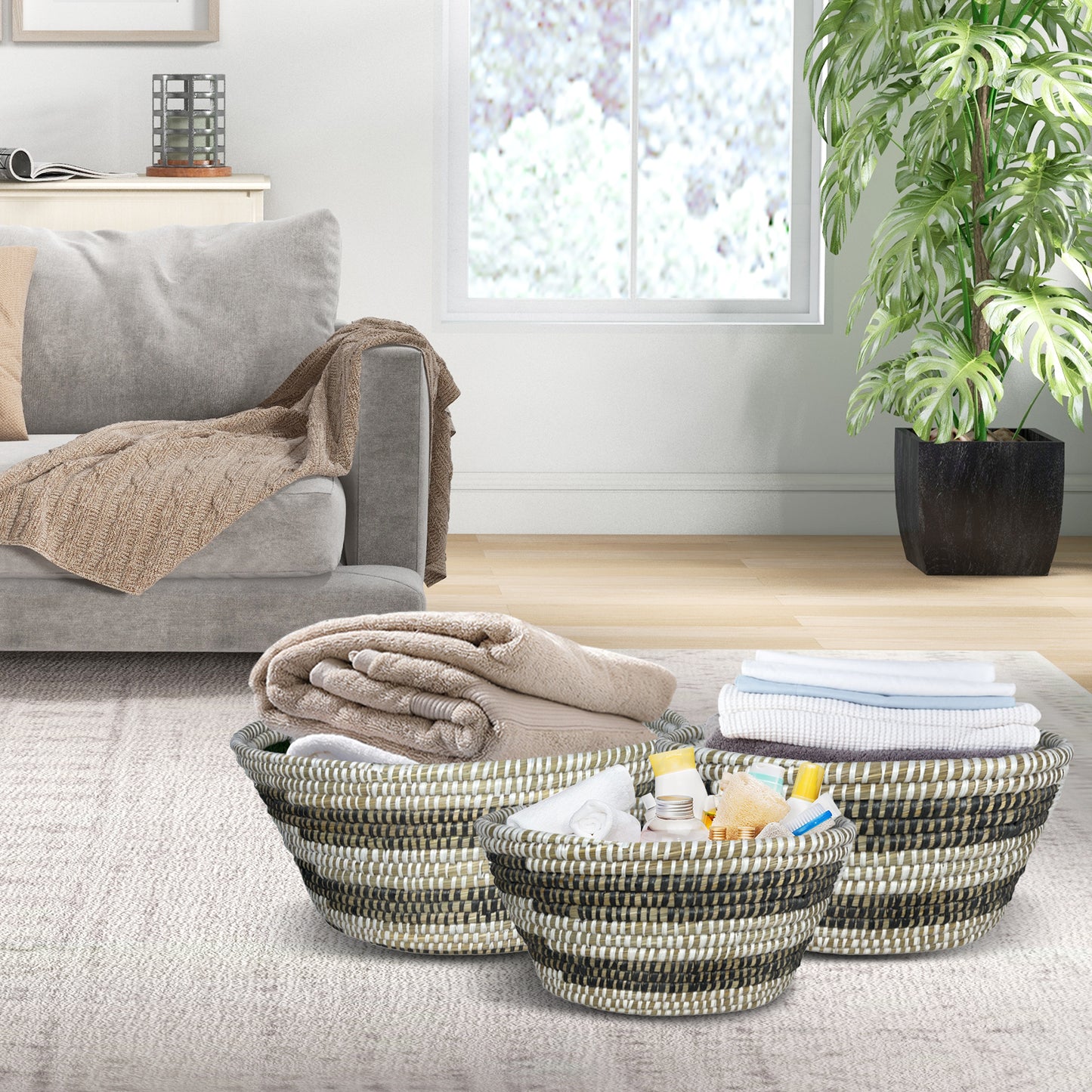 Natural Canes Grass Baskets Stackable Storage Bins Set of 3 with Hollowed Handles