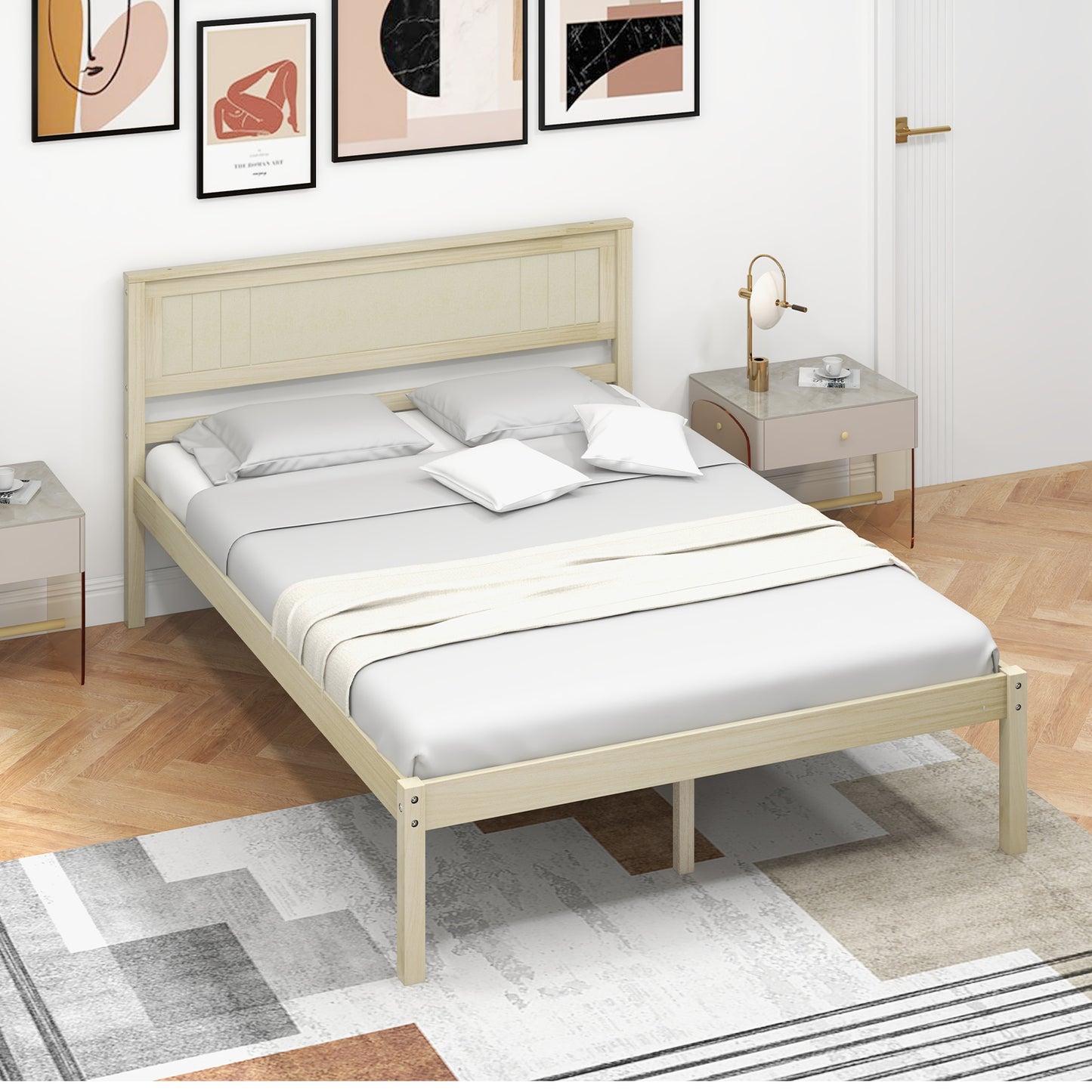 Twin/Full/Queen Size Wooden Bed Frame with Headboard and Slat Support-Full Size