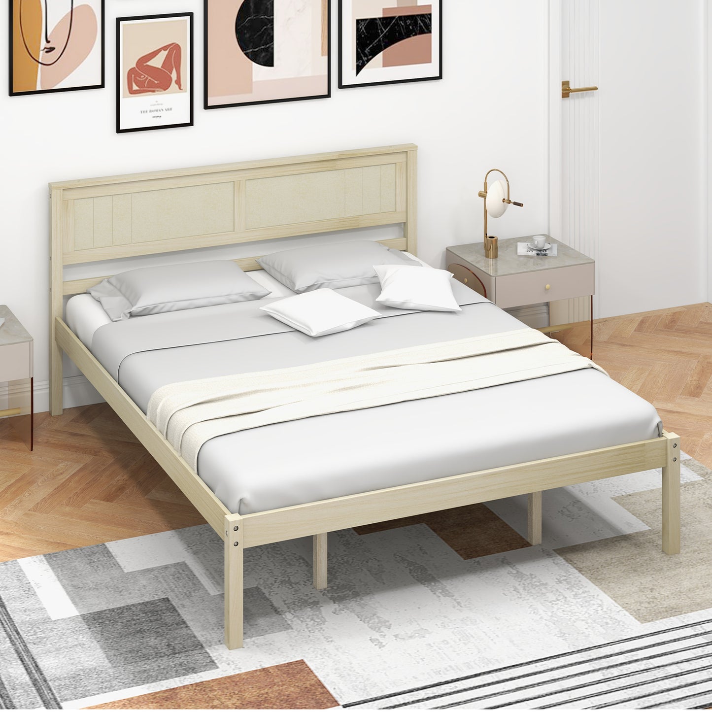 Twin/Full/Queen Size Wooden Bed Frame with Headboard and Slat Support-Queen Size
