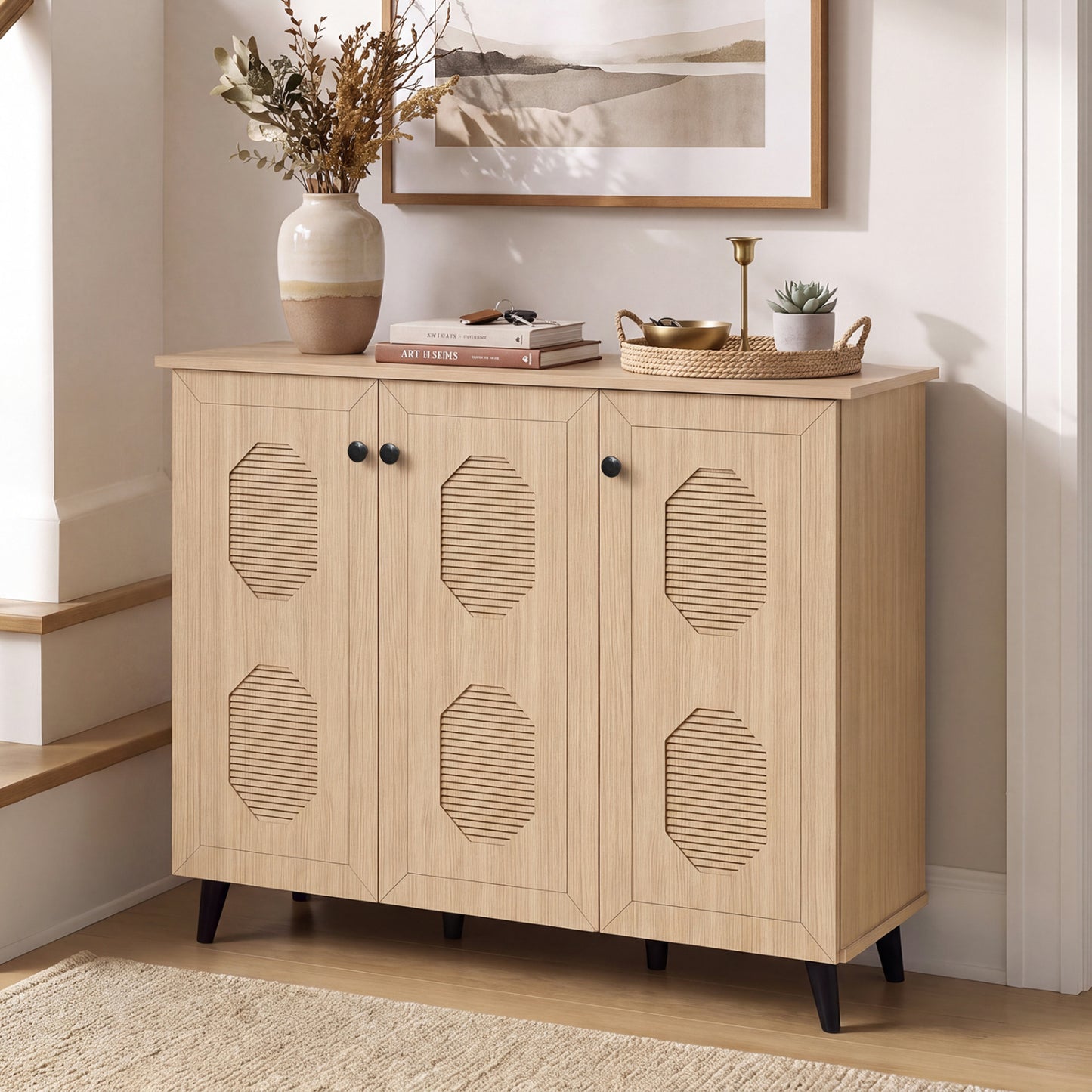 3-Door Shoe Cabinet with Hollow-Out Panels - Natural Wood