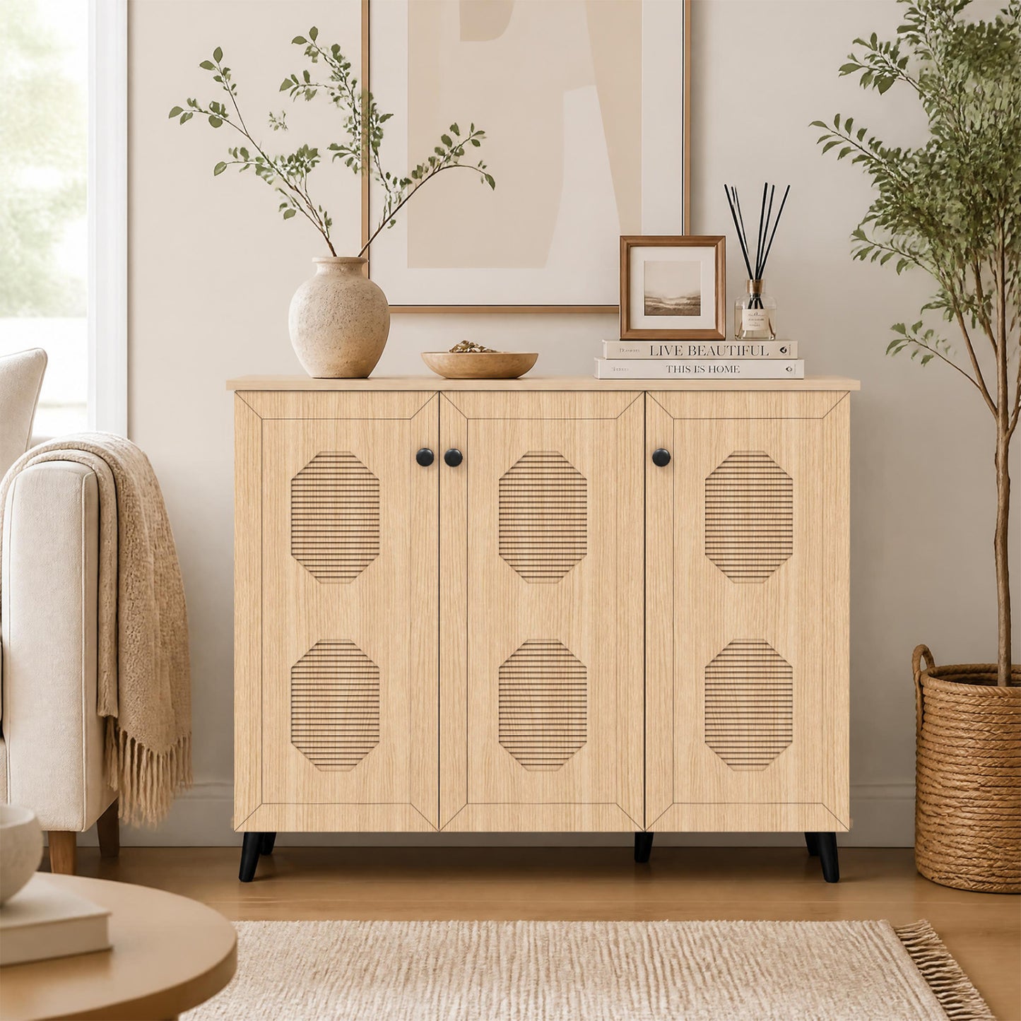 3-Door Shoe Cabinet with Hollow-Out Panels - Natural Wood