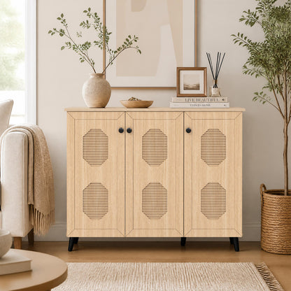 3-Door Shoe Cabinet with Hollow-Out Panels - Natural Wood