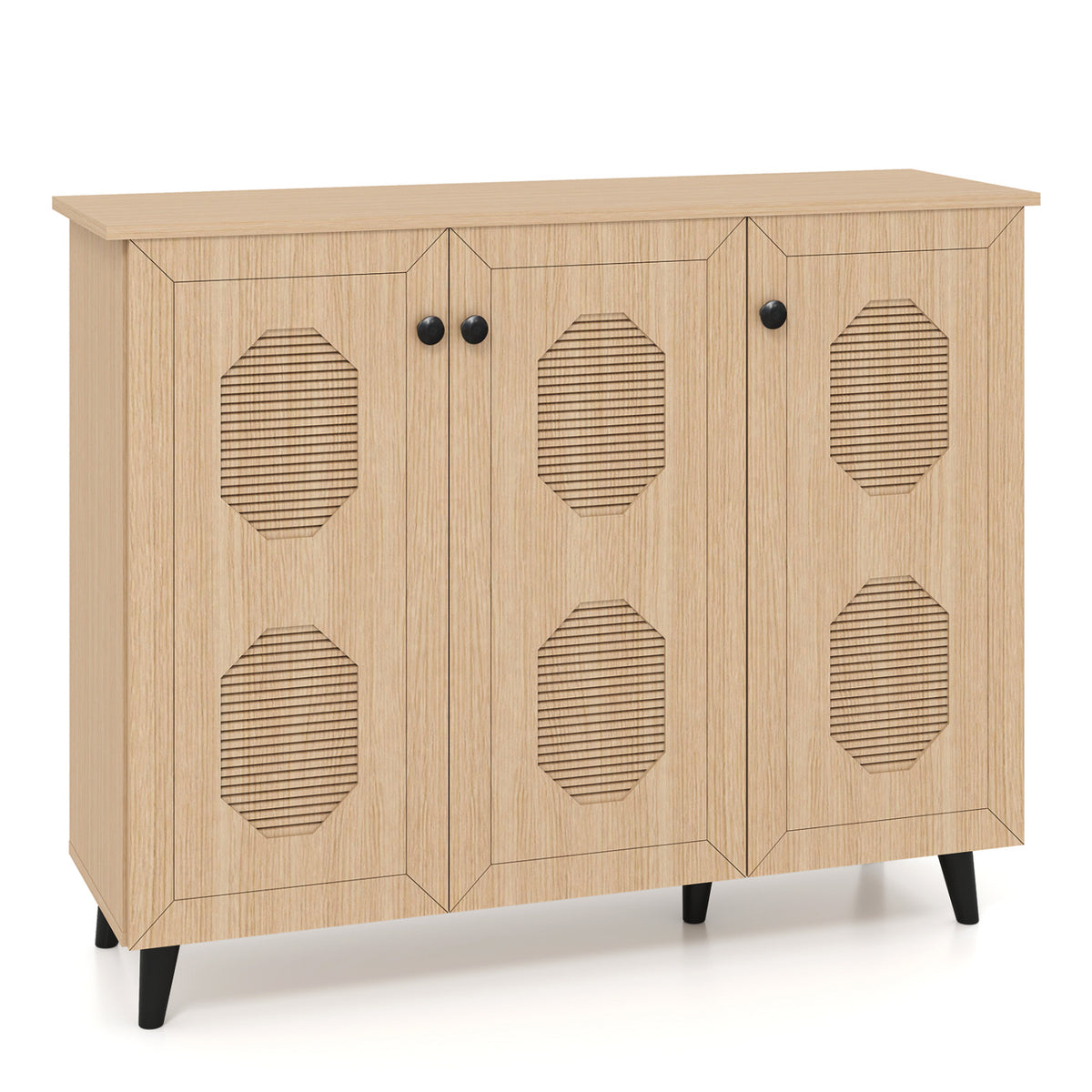 3-Door Shoe Cabinet with Hollow-Out Panels - Natural Wood