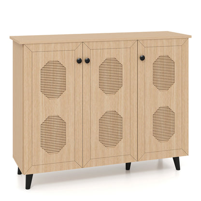 3-Door Shoe Cabinet with Hollow-Out Panels - Natural Wood