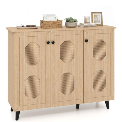 3-Door Shoe Cabinet with Hollow-Out Panels - Natural Wood