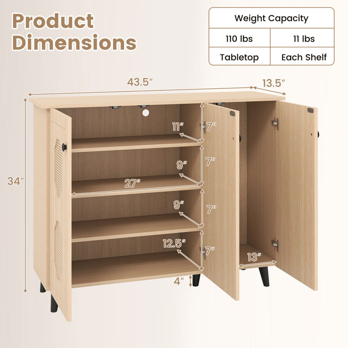 3-Door Shoe Cabinet with Hollow-Out Panels - Natural Wood