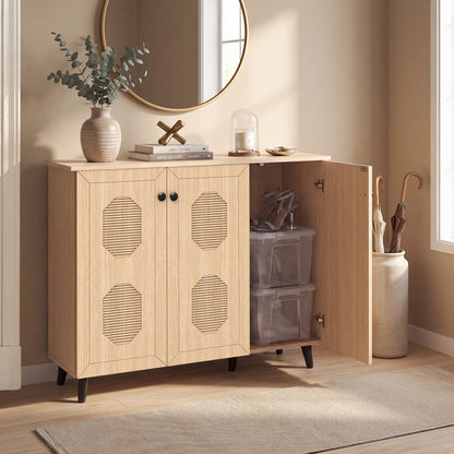 3-Door Shoe Cabinet with Hollow-Out Panels - Natural Wood