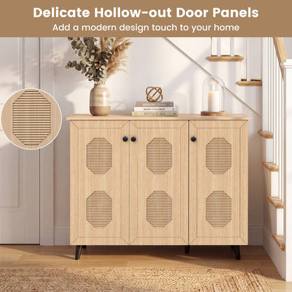 3-Door Shoe Cabinet with Hollow-Out Panels - Natural Wood