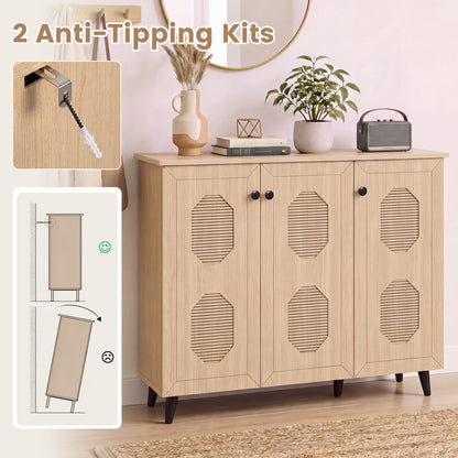 3-Door Shoe Cabinet with Hollow-Out Panels - Natural Wood
