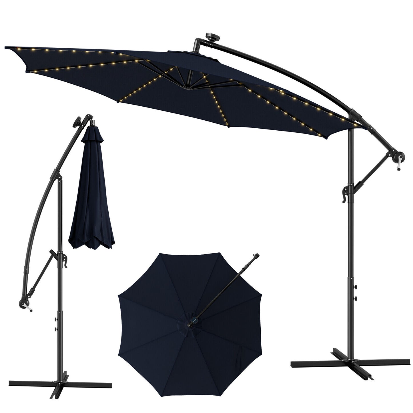 10 Feet Patio Offset Umbrella with 112 Solar-Powered LED Lights-Beige-Navy - Navy