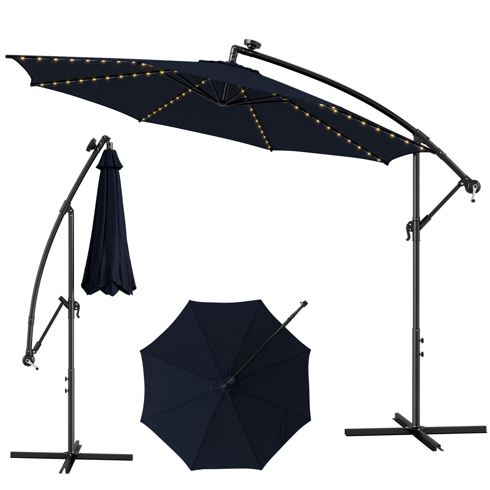10 Feet Patio Offset Umbrella with 112 Solar-Powered LED Lights-Beige-Navy - Navy