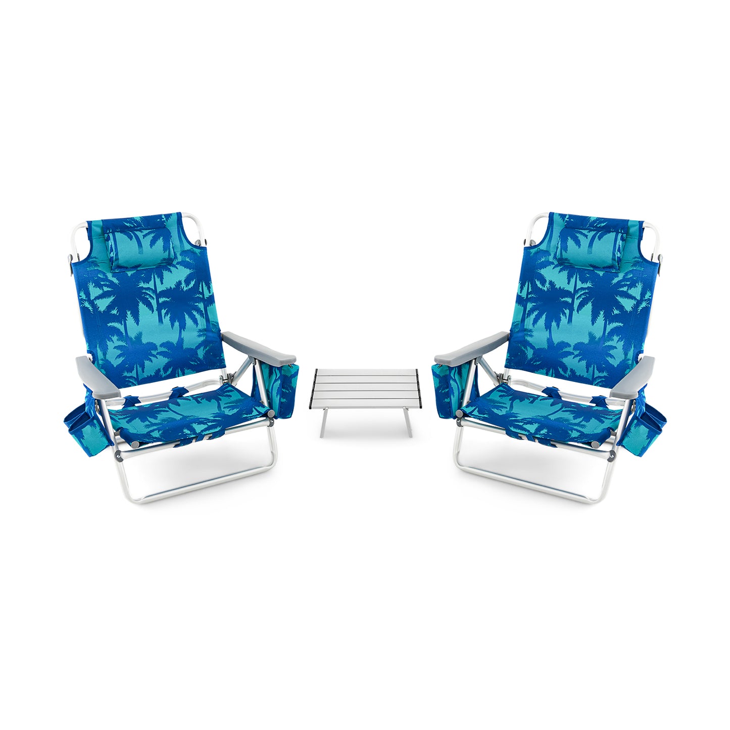 2 Packs 5-Position Outdoor Folding Backpack Beach Table Chair Reclining Chair Set-Green - Navy