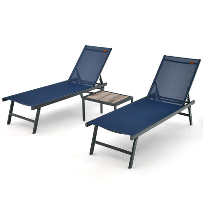 3 Pieces Patio Chaise Lounge Chair and Table Set for Poolside Yard-Navy