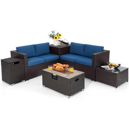 6 Pieces Outdoor Wicker Furniture Set with 32 Inch Propane Fire Pit Table-Beige - Navy