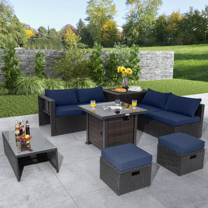 9 Pieces Patio Furniture Set with 32‚Äù Fire Pit Table and 50000 BTU Square Propane Fire Pit-Navy