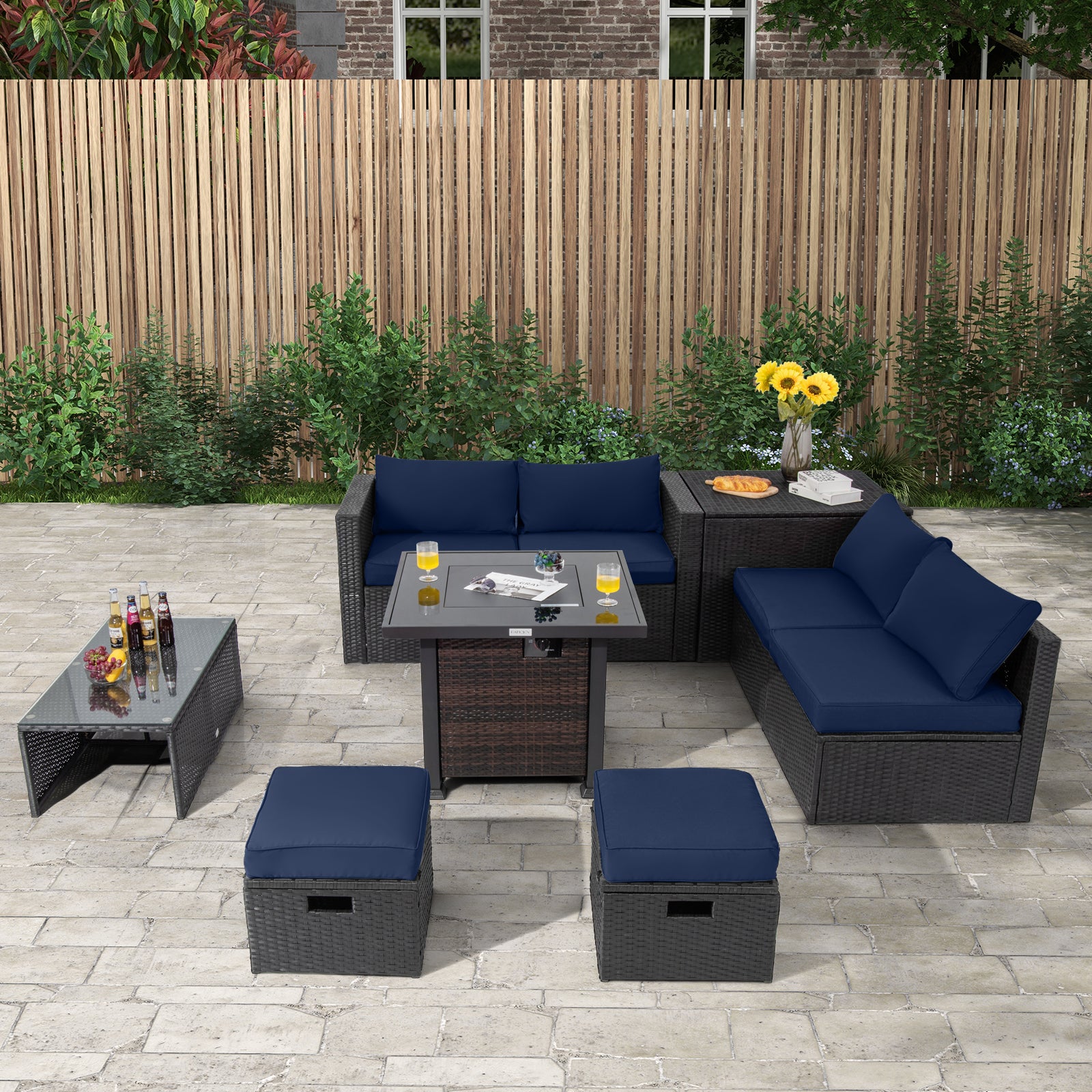 9 Pieces Patio Furniture Set with 32‚Äù Fire Pit Table and 50000 BTU Square Propane Fire Pit-Navy