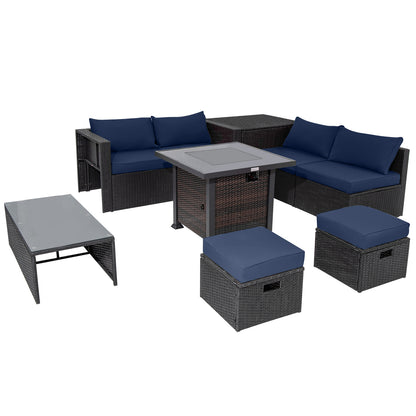 9 Pieces Patio Furniture Set with 32‚Äù Fire Pit Table and 50000 BTU Square Propane Fire Pit-Navy