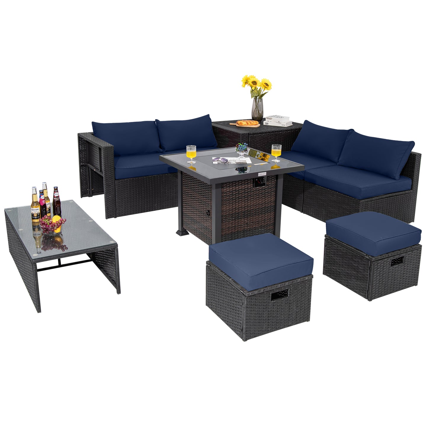 9 Pieces Patio Furniture Set with 32‚Äù Fire Pit Table and 50000 BTU Square Propane Fire Pit-Navy