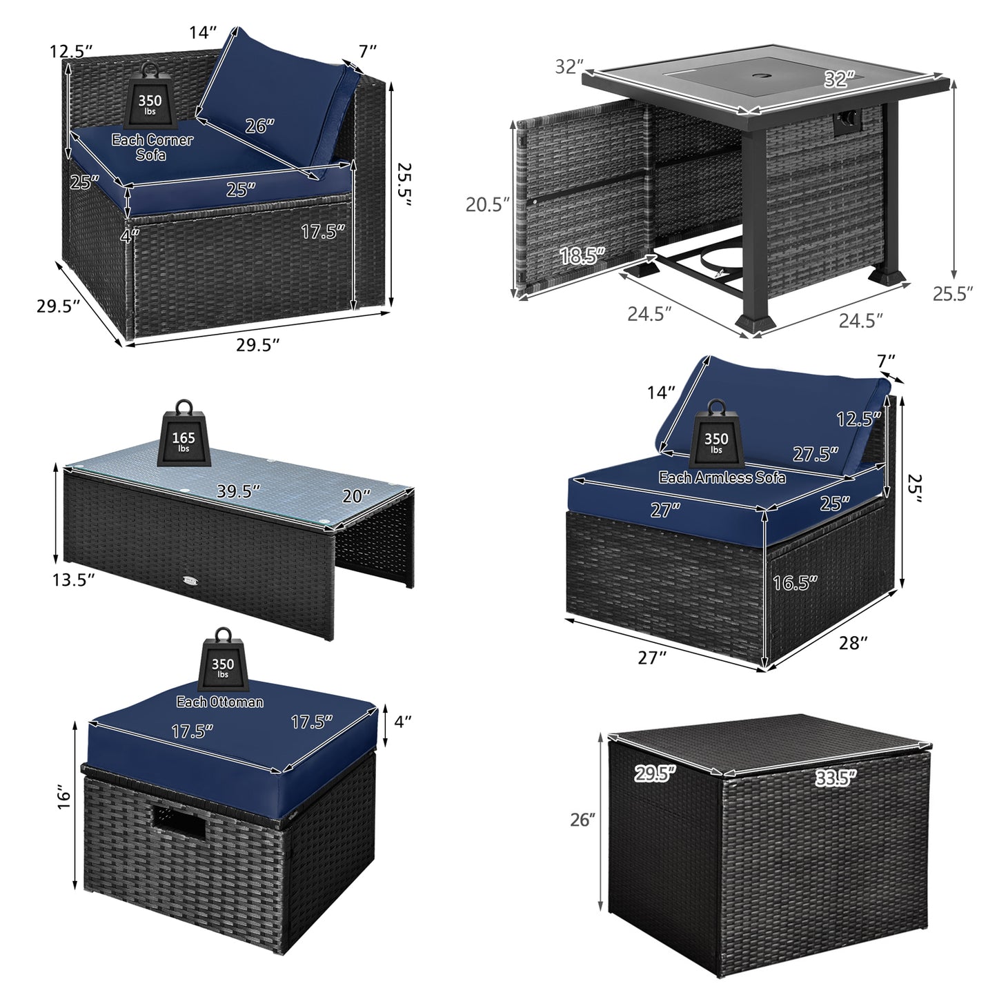 9 Pieces Patio Furniture Set with 32‚Äù Fire Pit Table and 50000 BTU Square Propane Fire Pit-Navy