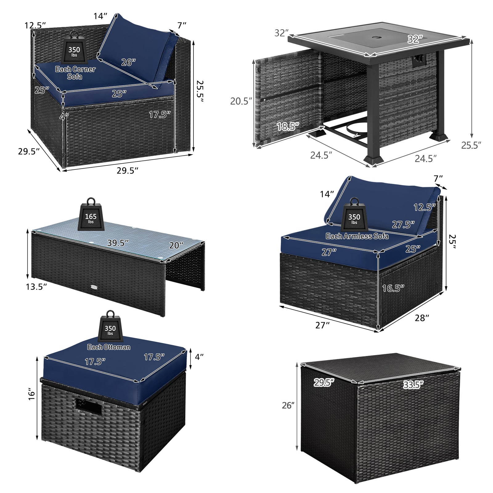 9 Pieces Patio Furniture Set with 32‚Äù Fire Pit Table and 50000 BTU Square Propane Fire Pit-Navy