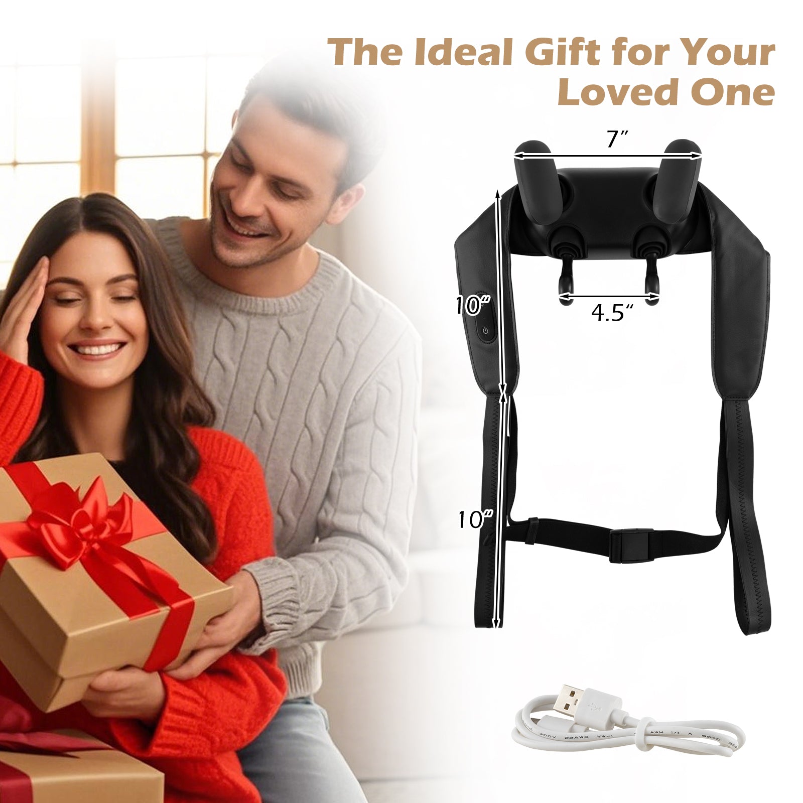 Neck Shoulder Massager with 2 Heat Levels for Pain Relief-Beige - Black