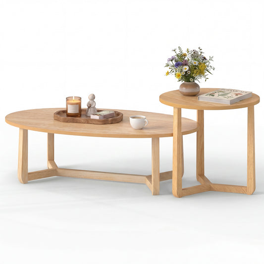 Nesting Coffee Table Set of 2 with Wood Veneered Top and Solid Rubber Wood Legs