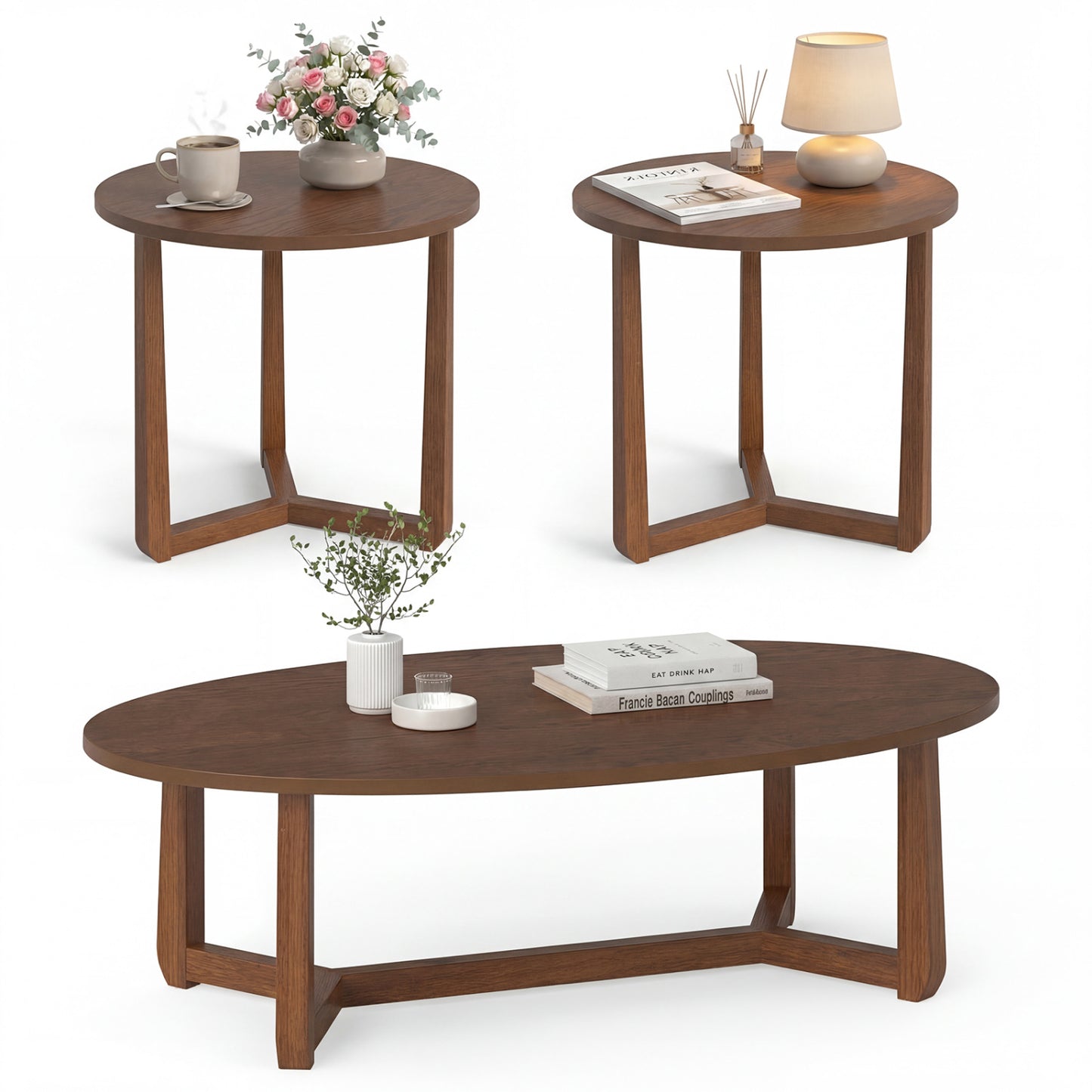 Nesting Coffee Table Set of 3 with Wood Veneered Top and Solid Rubber Wood Legs for Living Room