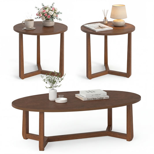 Nesting Coffee Table Set of 3 with Wood Veneered Top and Solid Rubber Wood Legs for Living Room