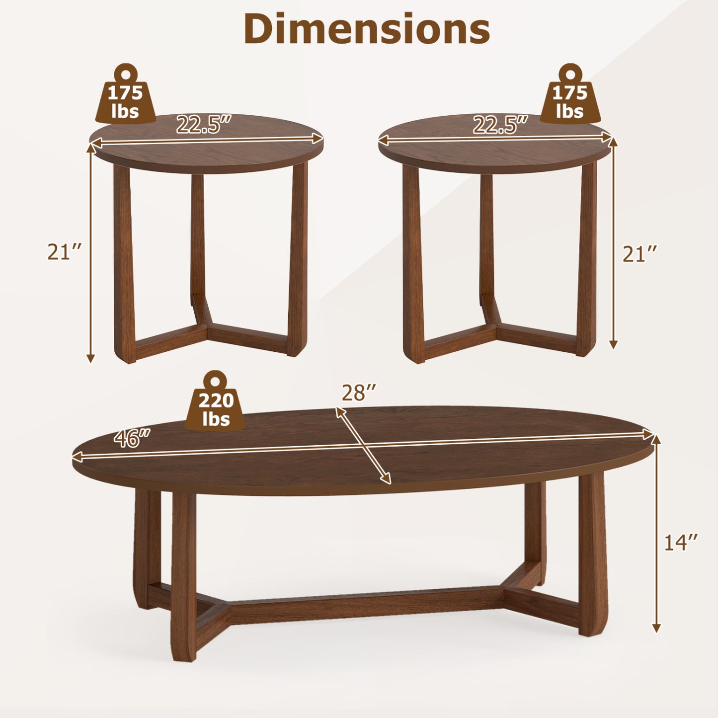Nesting Coffee Table Set of 3 with Wood Veneered Top and Solid Rubber Wood Legs for Living Room