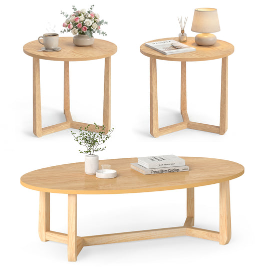 Nesting Coffee Table Set of 3 with Wood Veneered Top and Solid Rubber Wood Legs for Living Room