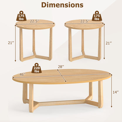 Nesting Coffee Table Set of 3 with Wood Veneered Top and Solid Rubber Wood Legs for Living Room