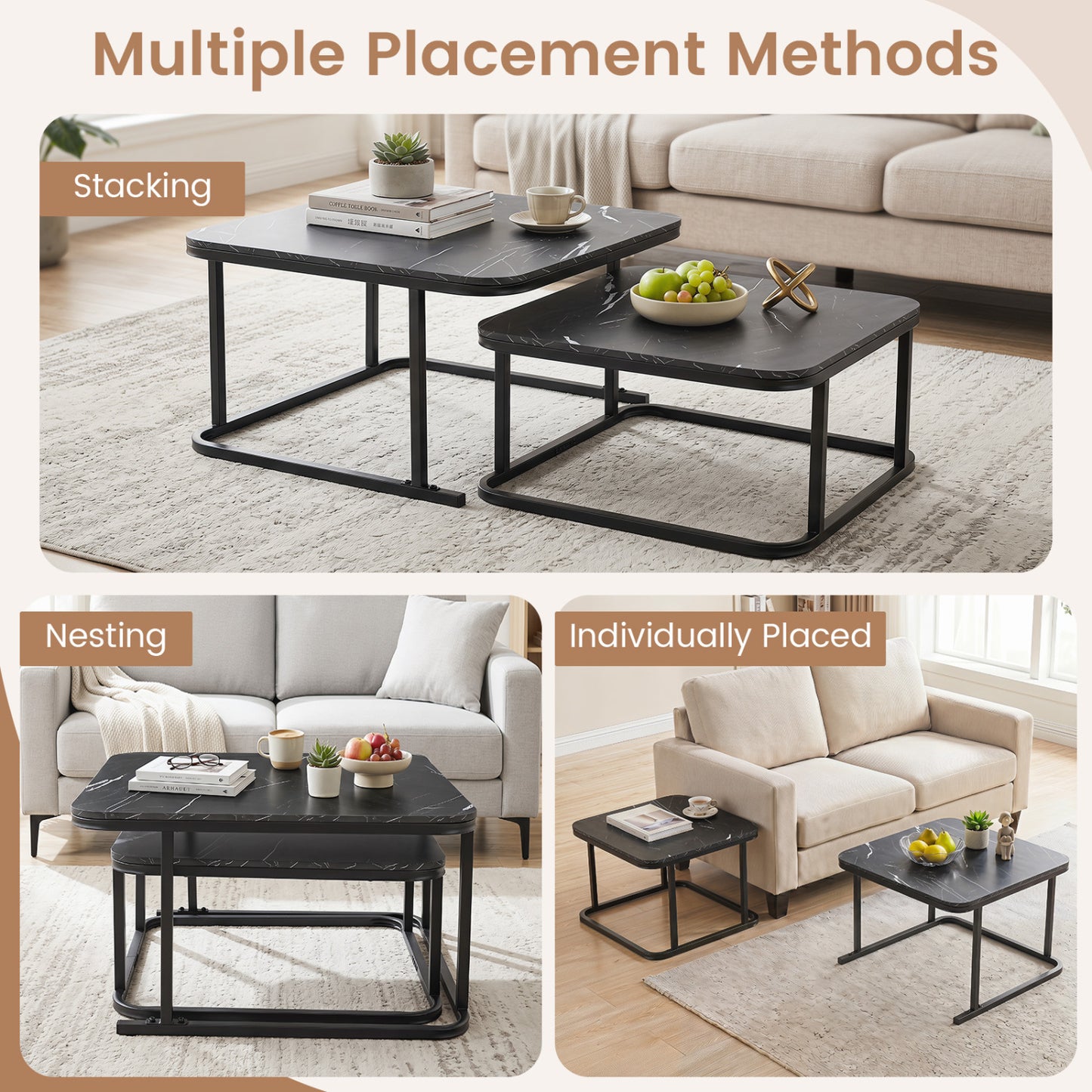 Nesting Coffee Table Set of 2 with Faux Marble Top