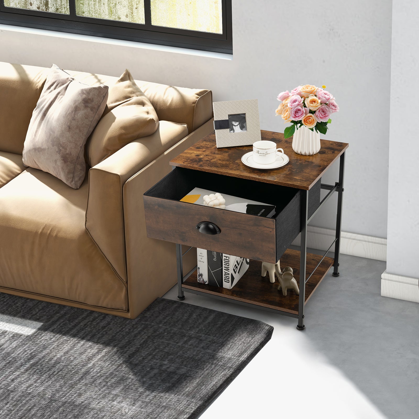 2 Tiers Nightstand with Open Storage Shelf for Living Room Bedroom-1 Piece