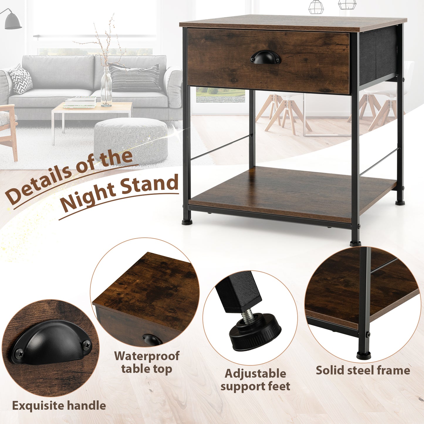 2 Tiers Nightstand with Open Storage Shelf for Living Room Bedroom-1 Piece