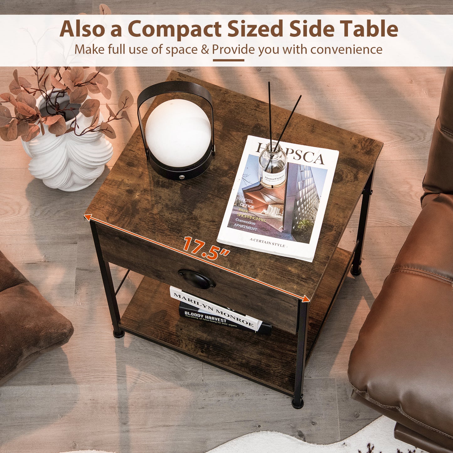 2 Tiers Nightstand with Open Storage Shelf for Living Room Bedroom-1 Piece