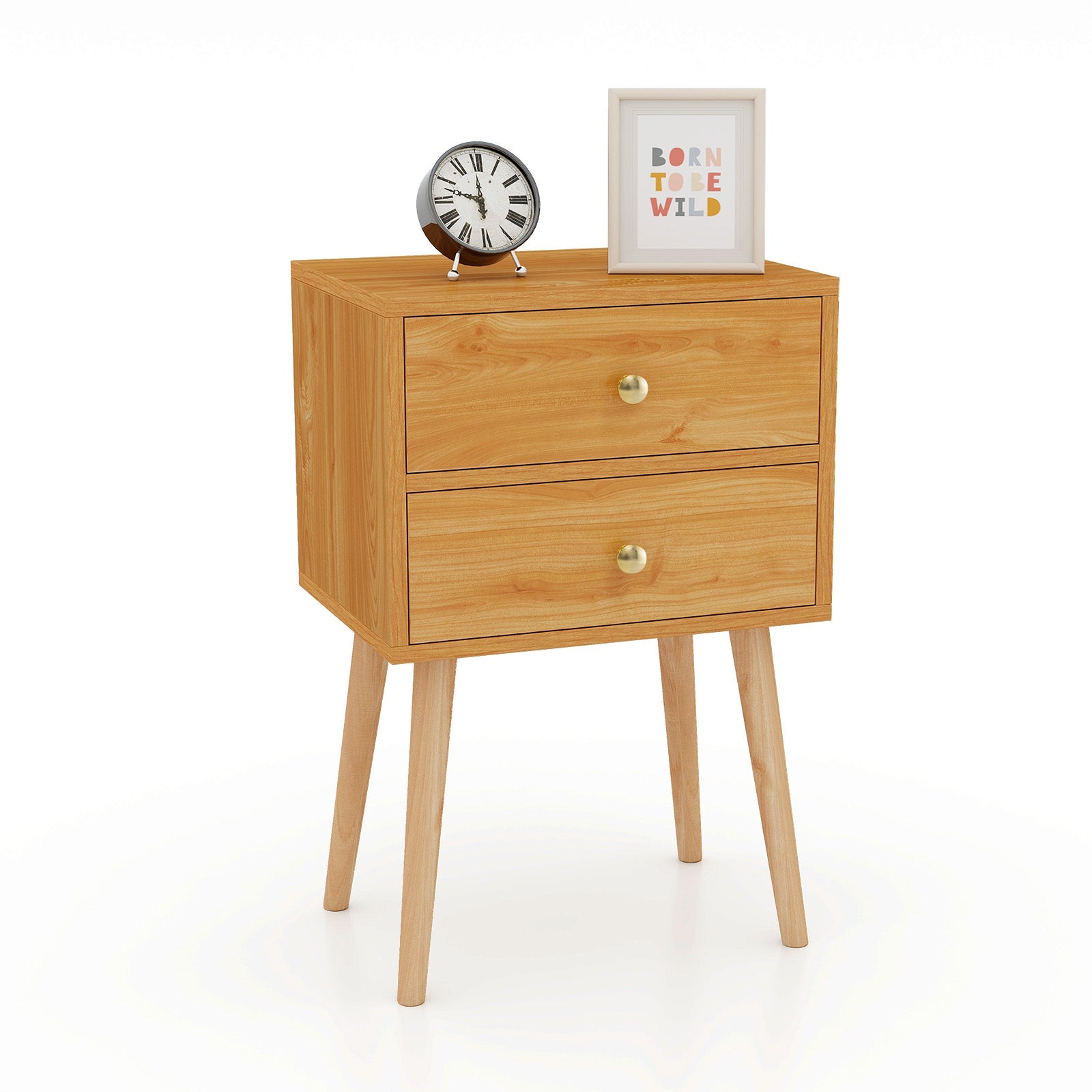 Modern Nightstand Bedside Table Mid Century with 2 Drawers-Natural - Natural