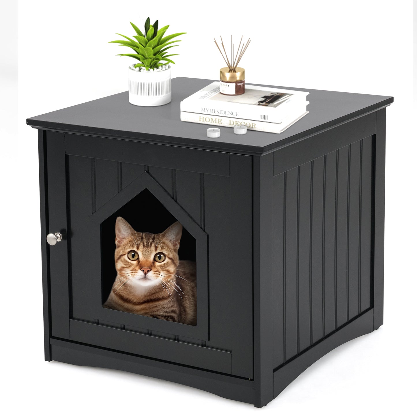 Sidetable Nightstand Weatherproof Multi-function Cat House-White - Black