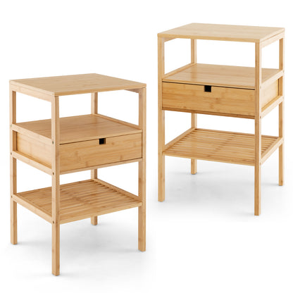 Nightstand Set of 2 Bamboo End Table with 2 Open Shelves and Drawer-Set of 2