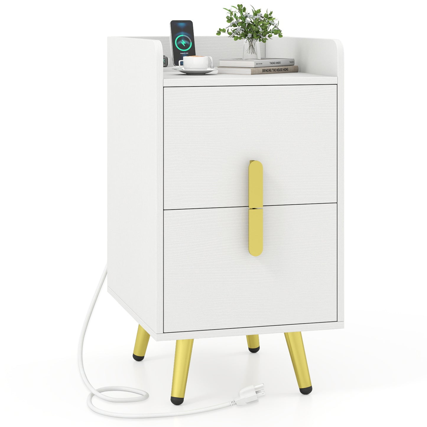 Nightstand Side Tables with 2 Drawers and 2 USB Ports-Black - White