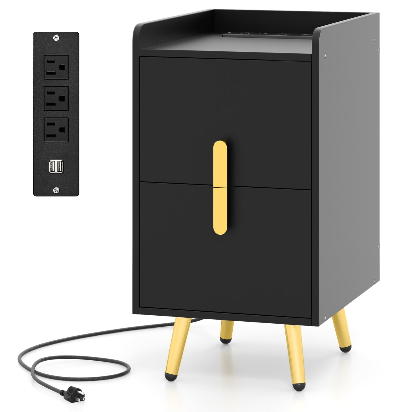 Nightstand Side Tables with 2 Drawers and 2 USB Ports-Black - Black