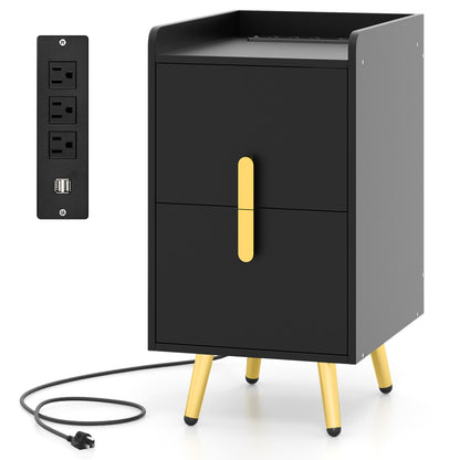 Nightstand Side Tables with 2 Drawers and 2 USB Ports-Black - Black