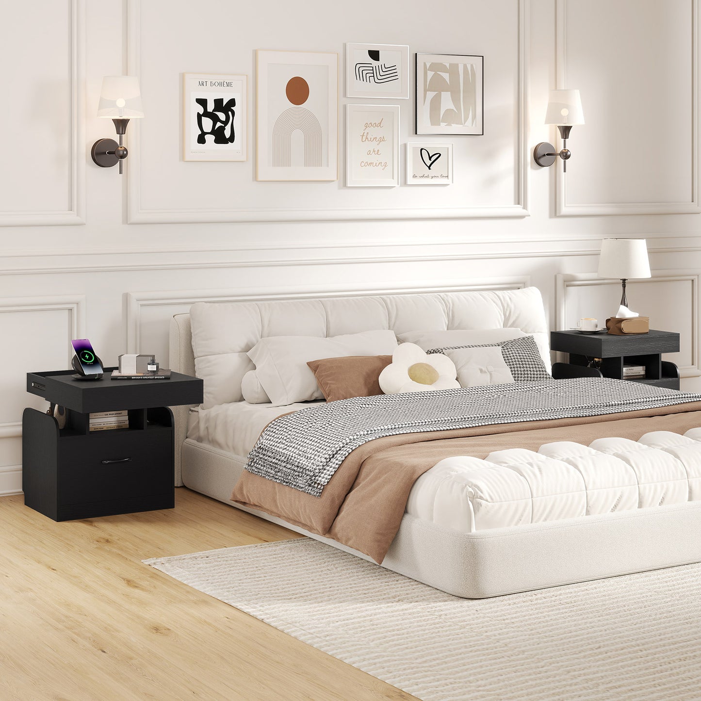 Nightstand with Charging Station Modern Bedside Table for Living Room Bedroom Office-Black
