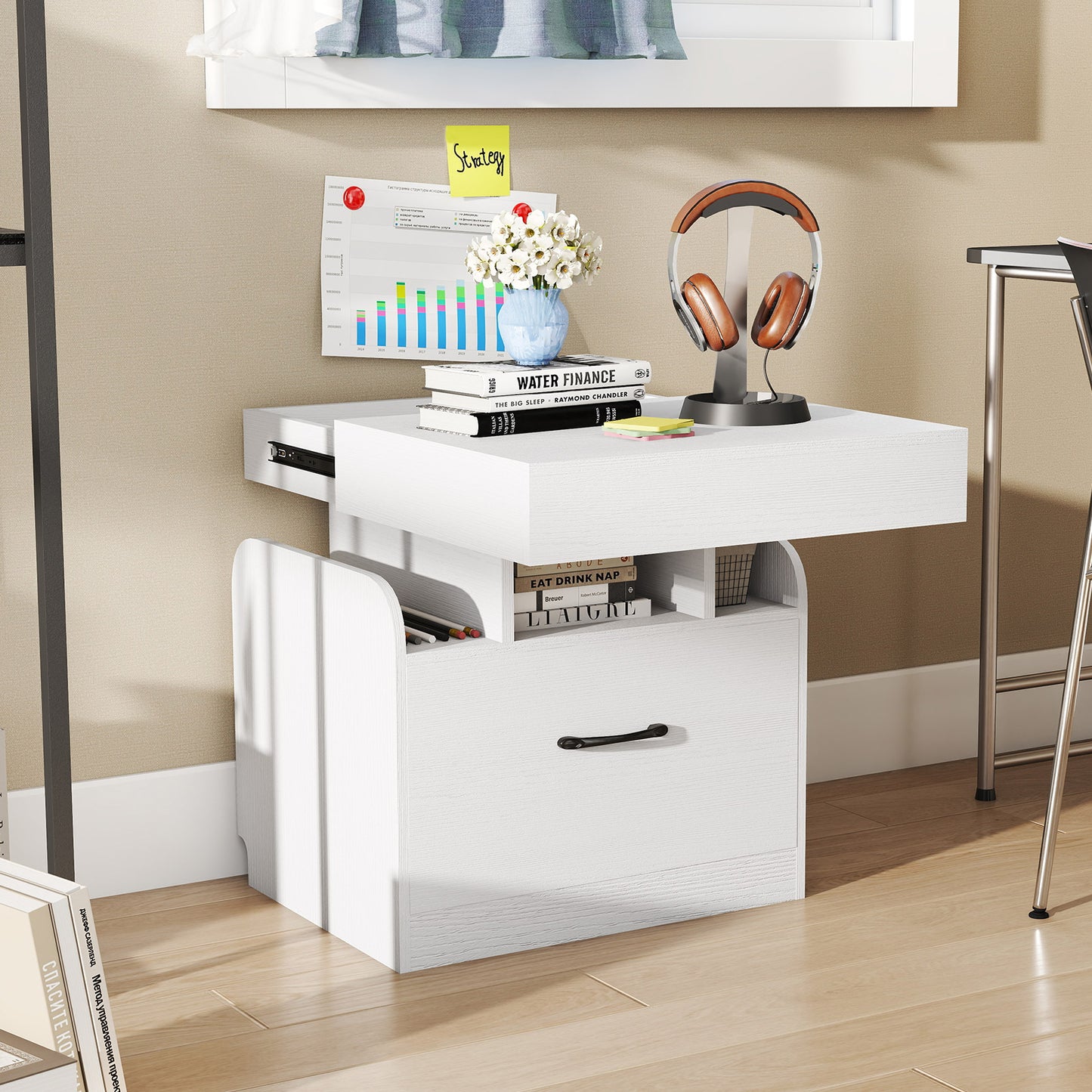 Nightstand with Charging Station Modern Bedside Table for Living Room Bedroom Office-White