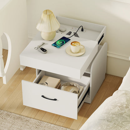 Nightstand with Charging Station Modern Bedside Table for Living Room Bedroom Office-White