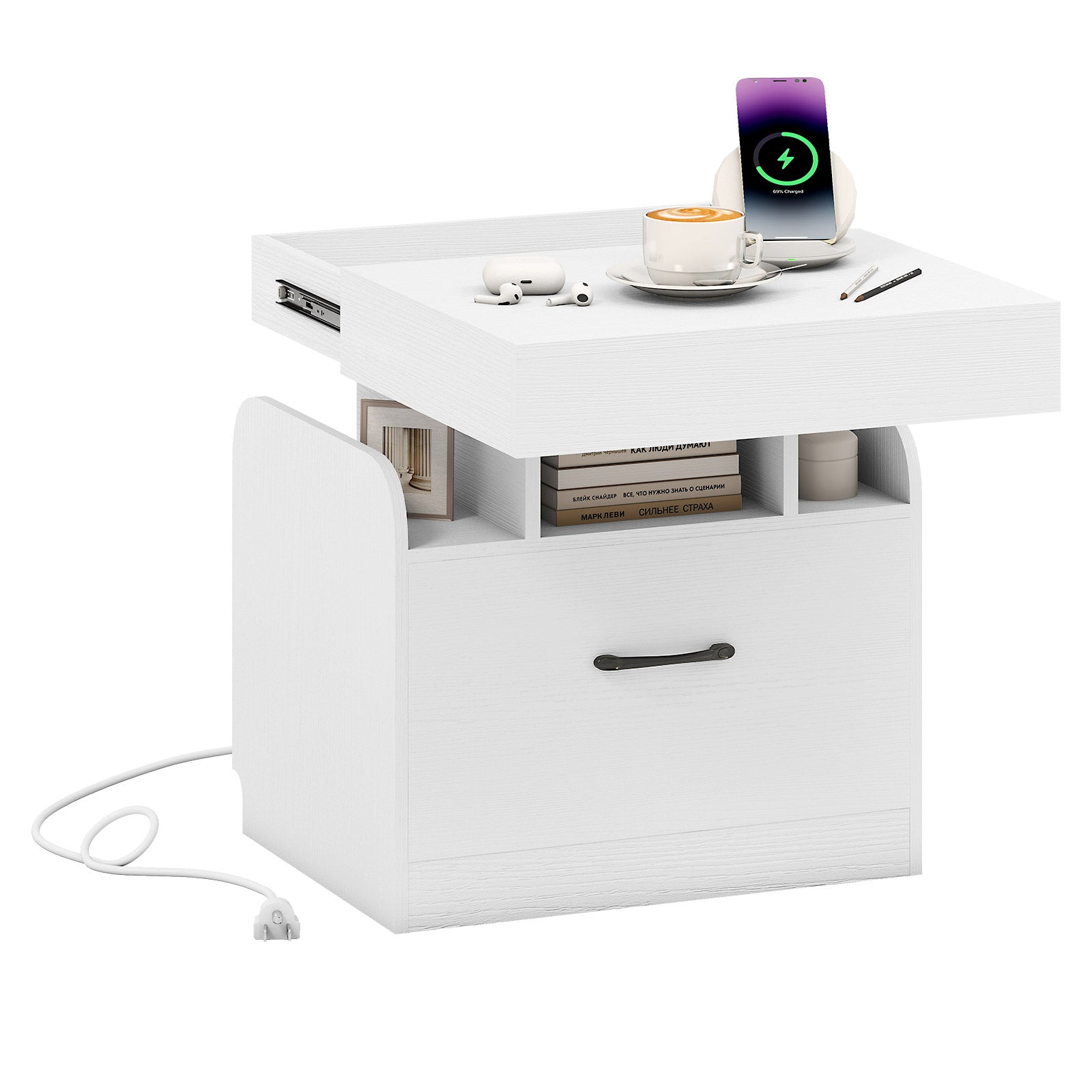 Nightstand with Charging Station Modern Bedside Table for Living Room Bedroom Office-White