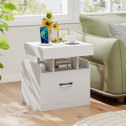 Nightstand with Charging Station Modern Bedside Table for Living Room Bedroom Office-White