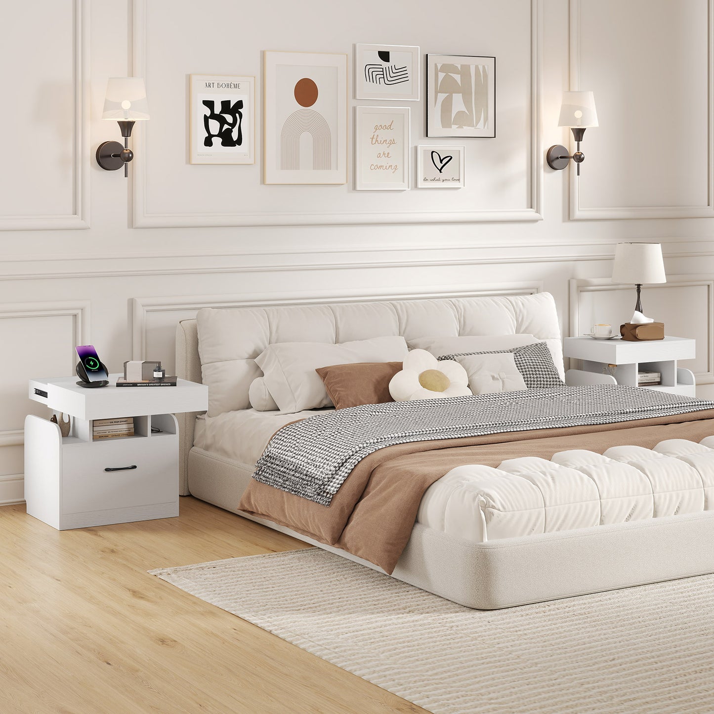 Nightstand with Charging Station Modern Bedside Table for Living Room Bedroom Office-White