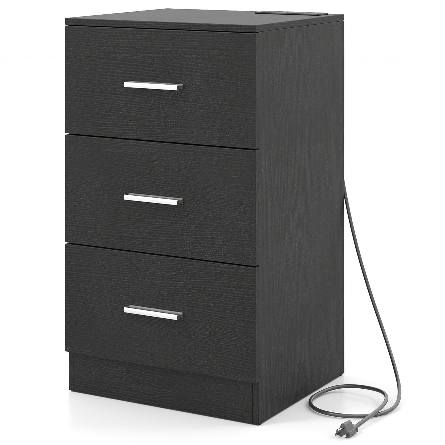 Nightstand with Charging Station End Table with 3 Storage Drawers Bedside Table for Bedroom-Black