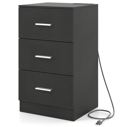 Nightstand with Charging Station End Table with 3 Storage Drawers Bedside Table for Bedroom-Black