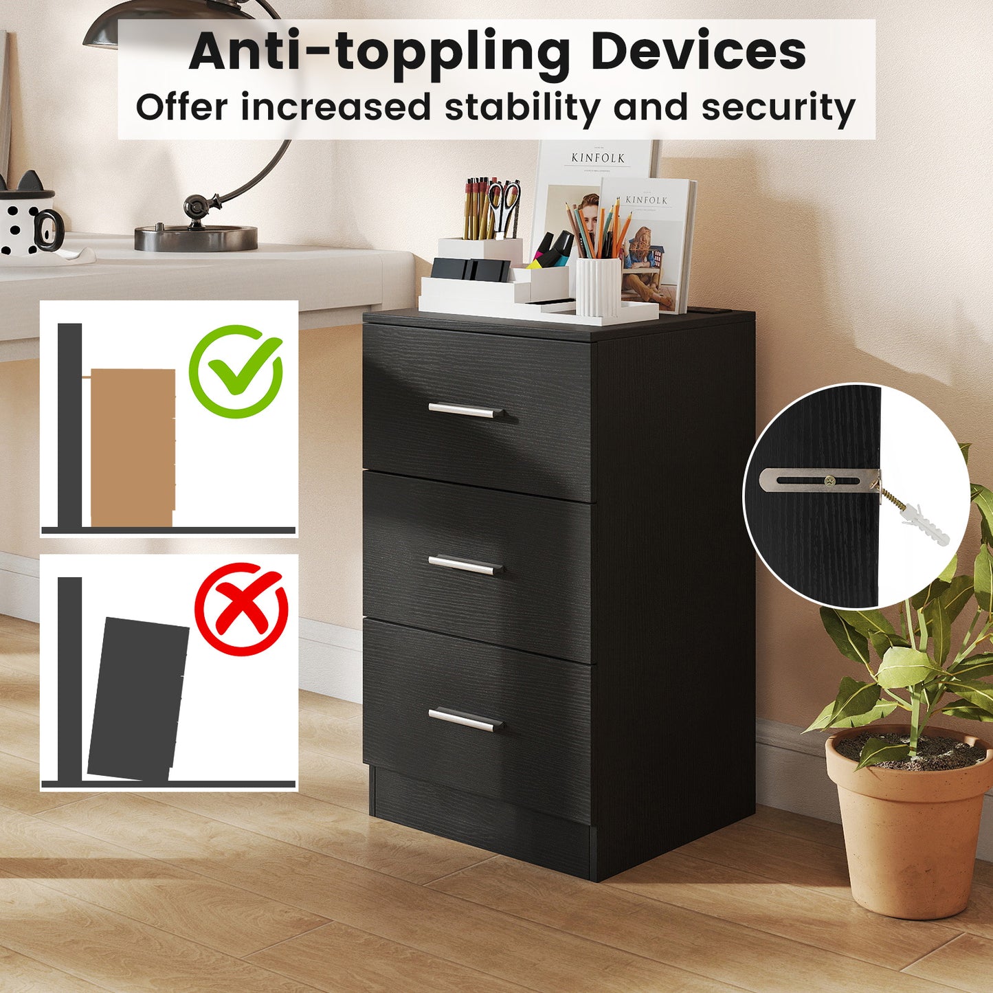 Nightstand with Charging Station End Table with 3 Storage Drawers Bedside Table for Bedroom-Black